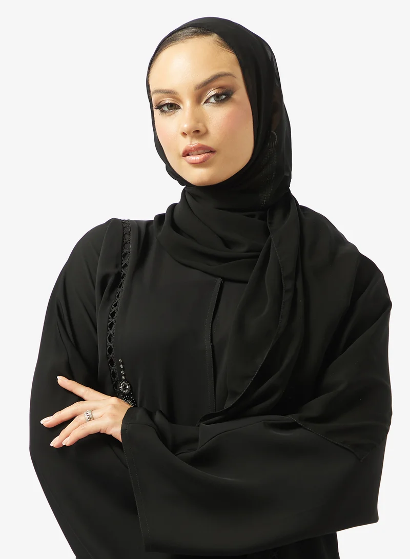 hayas closet  Black Lace Detail Abaya With Sheila for Women | Best Price UAE